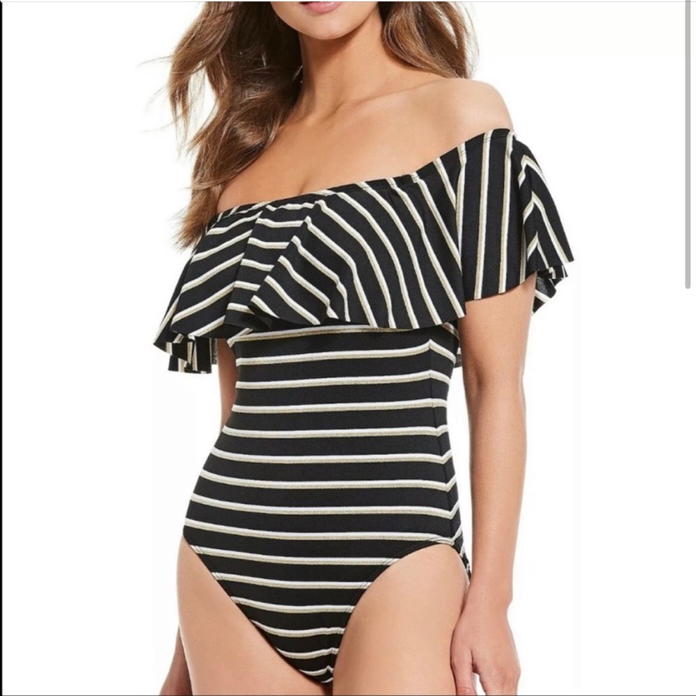 NEW! Ralph Lauren off shoulder ruffle stripe One Piece Black Gold Swimsuit 16